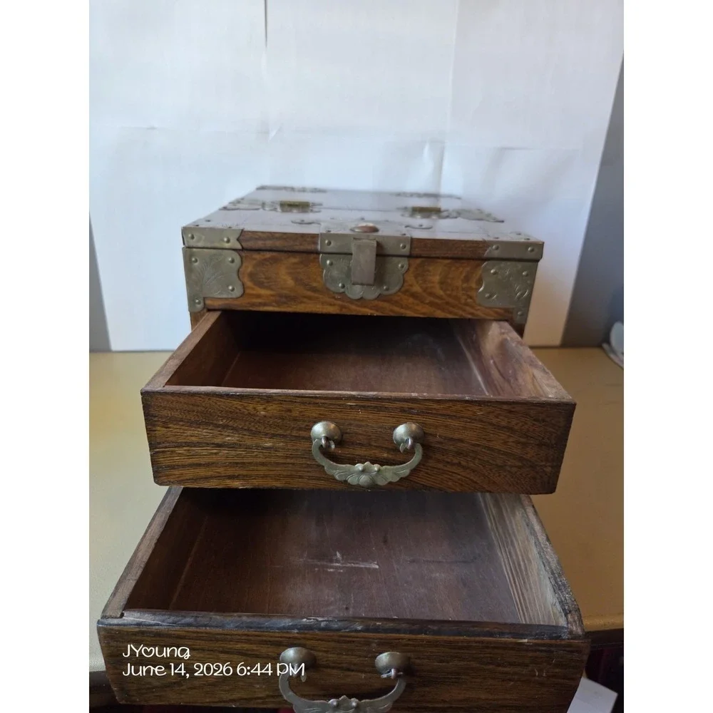 Vintage Antique Travel Jewelry Box Inlaid Mirror Floral Etched Brass Wood *READ*